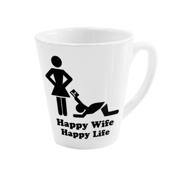 Happy Wife, Happy Life, Κούπα κωνική Latte Λευκή, κεραμική, 300ml