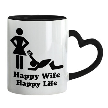 Happy Wife, Happy Life, Κούπα καρδιά χερούλι μαύρη, κεραμική, 330ml