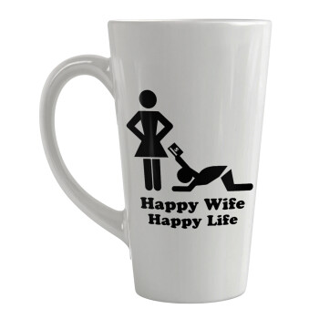 Happy Wife, Happy Life, Κούπα κωνική Latte Μεγάλη, κεραμική, 450ml