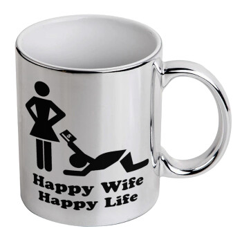 Happy Wife, Happy Life, Κούπα κεραμική, ασημένια καθρέπτης, 330ml