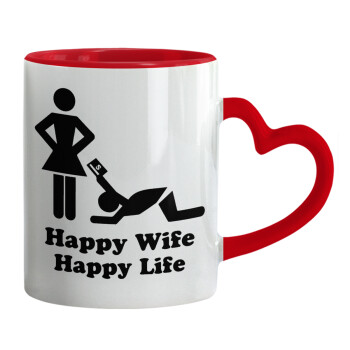 Happy Wife, Happy Life, Κούπα καρδιά χερούλι κόκκινη, κεραμική, 330ml