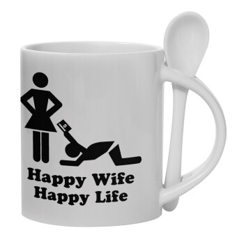 Happy Wife, Happy Life, Ceramic coffee mug with Spoon, 330ml (1pcs)