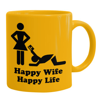 Happy Wife, Happy Life, Ceramic coffee mug yellow, 330ml (1pcs)