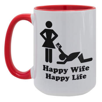 Happy Wife, Happy Life, Κούπα Mega 15oz, κεραμική Κόκκινη, 450ml