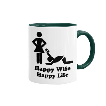 Happy Wife, Happy Life, Κούπα χρωματιστή πράσινη, κεραμική, 330ml
