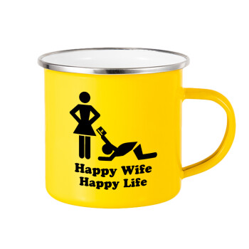 Happy Wife, Happy Life, Κούπα Μεταλλική εμαγιέ Κίτρινη 360ml