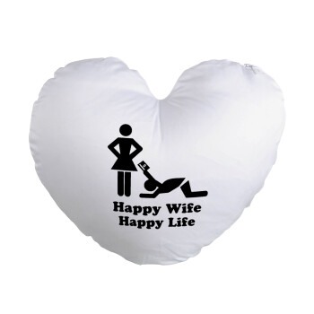 Happy Wife, Happy Life, Μαξιλάρι καναπέ καρδιά 40x40cm περιέχεται το  γέμισμα