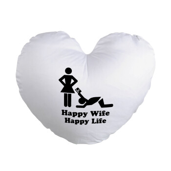 Happy Wife, Happy Life, Μαξιλάρι καναπέ καρδιά 40x40cm περιέχεται το  γέμισμα