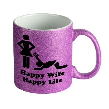 Happy Wife, Happy Life, Κούπα Μωβ Glitter που γυαλίζει, κεραμική, 330ml