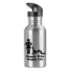 Water bottle Silver with straw, stainless steel 600ml