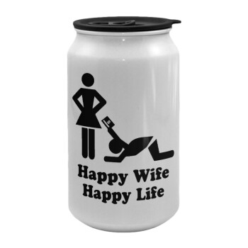 Happy Wife, Happy Life, Κούπα ταξιδιού μεταλλική με καπάκι (tin-can) 500ml
