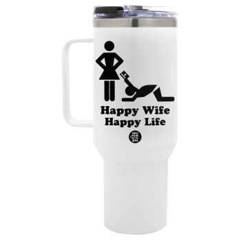 Happy Wife, Happy Life, Mega Stainless steel Tumbler with lid, double wall 1,2L