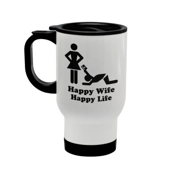 Happy Wife, Happy Life, Κούπα ταξιδιού ανοξείδωτη με καπάκι, διπλού τοιχώματος (θερμό) λευκή 450ml