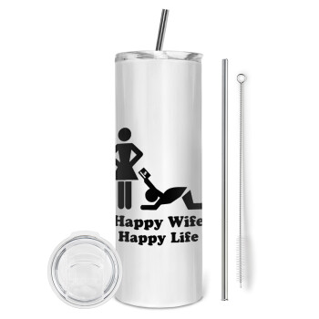 Happy Wife, Happy Life, Eco friendly ποτήρι θερμό (tumbler) από ανοξείδωτο ατσάλι 600ml, με μεταλλικό καλαμάκι & βούρτσα καθαρισμού