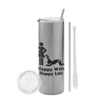 Happy Wife, Happy Life, Eco friendly ποτήρι θερμό Ασημένιο (tumbler) από ανοξείδωτο ατσάλι 600ml, με μεταλλικό καλαμάκι & βούρτσα καθαρισμού