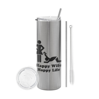 Happy Wife, Happy Life, Tumbler stainless steel Silver 600ml, with metal straw & cleaning brush
