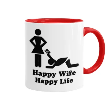 Happy Wife, Happy Life, Κούπα χρωματιστή κόκκινη, κεραμική, 330ml