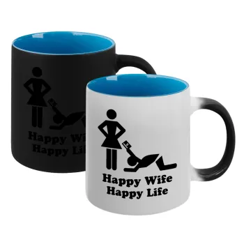 Happy Wife, Happy Life, Κούπα Μαγική εσωτερικό μπλε, κεραμική 330ml που αλλάζει χρώμα με το ζεστό ρόφημα