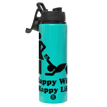 Happy Wife, Happy Life, Μεταλλικό παγούρι νερού με καπάκι ασφαλείας, αλουμινίου 850ml