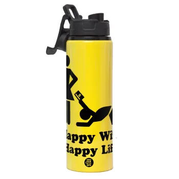 Happy Wife, Happy Life, Metallic water bottle with safety lid, 850ml aluminum