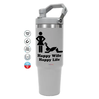 Happy Wife, Happy Life, GREY color, 890ml (30oz) stainless Steel Tumbler with Handle