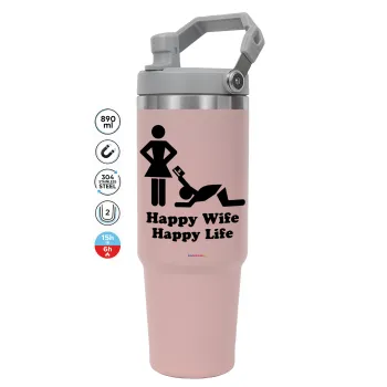 Happy Wife, Happy Life, Pink color, 890ml (30oz) stainless Steel Tumbler with Handle