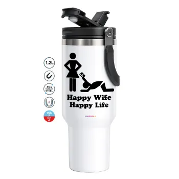 Happy Wife, Happy Life, Mega Stainless steel Tumbler with lid, double wall 1,2L