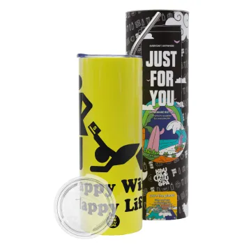 Happy Wife, Happy Life, Neon Yellow Travel Tumbler, with metal straw (Stainless steel 304 Food grade, BPA free, 600ml)