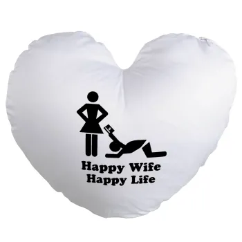 Happy Wife, Happy Life, Μαξιλάρι καναπέ καρδιά 40x40cm περιέχεται το  γέμισμα