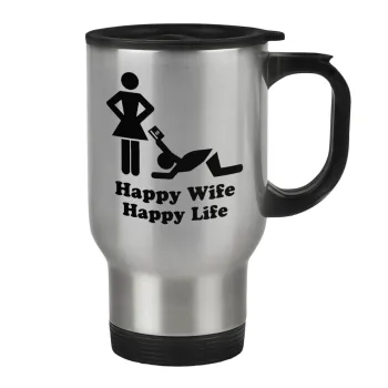 Happy Wife, Happy Life, Κούπα ταξιδιού ανοξείδωτη με καπάκι, διπλού τοιχώματος (θερμό) 450ml