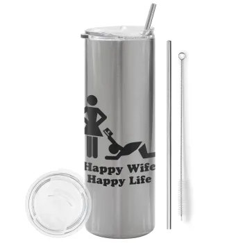 Happy Wife, Happy Life, Tumbler ποτήρι θερμό Ασημένιο από ανοξείδωτο ατσάλι 600ml, με μεταλλικό καλαμάκι & βούρτσα καθαρισμού