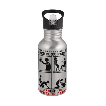 What happens at the bachelor party, stays at the bachelor party!, Water bottle Silver with straw, stainless steel 500ml