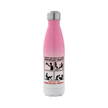 What happens at the bachelor party, stays at the bachelor party!, Metal mug thermos Pink/White (Stainless steel), double wall, 500ml