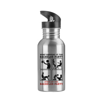 What happens at the bachelor party, stays at the bachelor party!, Water bottle Silver with straw, stainless steel 600ml