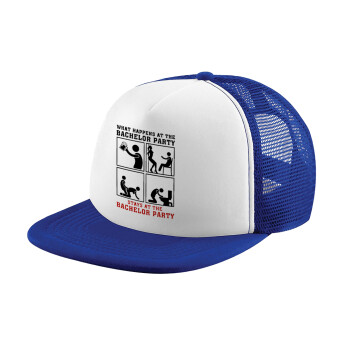 What happens at the bachelor party, stays at the bachelor party!, Καπέλο Ενηλίκων Soft Trucker με Δίχτυ Blue/White (POLYESTER, ΕΝΗΛΙΚΩΝ, UNISEX, ONE SIZE)