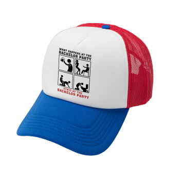 What happens at the bachelor party, stays at the bachelor party!, Καπέλο Soft Trucker με Δίχτυ Red/Blue/White 
