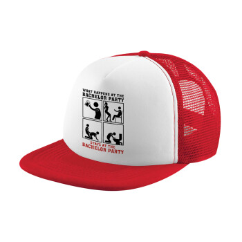 What happens at the bachelor party, stays at the bachelor party!, Καπέλο Ενηλίκων Soft Trucker με Δίχτυ Red/White (POLYESTER, ΕΝΗΛΙΚΩΝ, UNISEX, ONE SIZE)