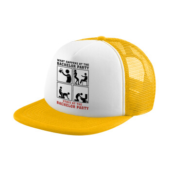 What happens at the bachelor party, stays at the bachelor party!, Καπέλο Soft Trucker με Δίχτυ Κίτρινο/White 