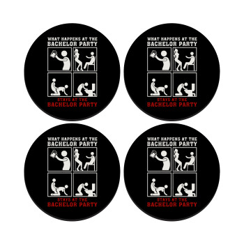 What happens at the bachelor party, stays at the bachelor party!, SET of 4 round wooden coasters (9cm)