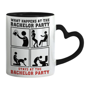 What happens at the bachelor party, stays at the bachelor party!, Mug heart black handle, ceramic, 330ml