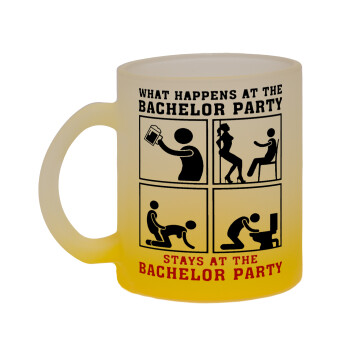 What happens at the bachelor party, stays at the bachelor party!, Κούπα γυάλινη δίχρωμη με βάση το κίτρινο ματ, 330ml