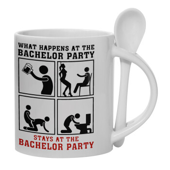 What happens at the bachelor party, stays at the bachelor party!, Ceramic coffee mug with Spoon, 330ml (1pcs)