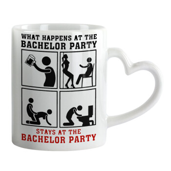 What happens at the bachelor party, stays at the bachelor party!, Mug heart handle, ceramic, 330ml