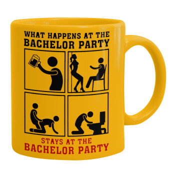 What happens at the bachelor party, stays at the bachelor party!, Ceramic coffee mug yellow, 330ml