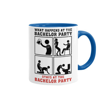 What happens at the bachelor party, stays at the bachelor party!, Mug colored blue, ceramic, 330ml
