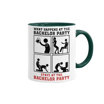 What happens at the bachelor party, stays at the bachelor party!, Mug colored green, ceramic, 330ml