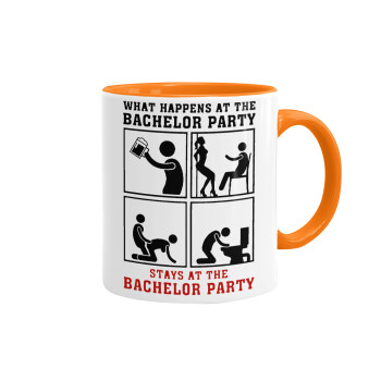 What happens at the bachelor party, stays at the bachelor party!, Mug colored orange, ceramic, 330ml
