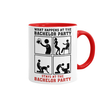 What happens at the bachelor party, stays at the bachelor party!, Mug colored red, ceramic, 330ml