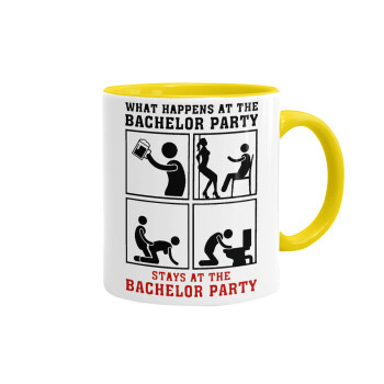 What happens at the bachelor party, stays at the bachelor party!, Mug colored yellow, ceramic, 330ml