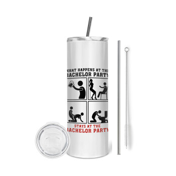 What happens at the bachelor party, stays at the bachelor party!, Eco friendly stainless steel tumbler 600ml, with metal straw & cleaning brush